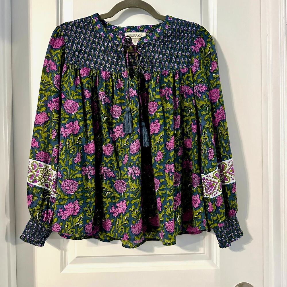 Rachel Zoe Smocked Block Print Top Women's Size S EUC